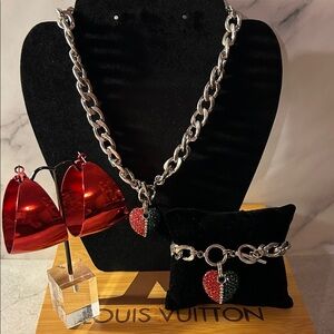 Silver Chain Necklace, Earrings and Bracelet Set with Heart Pendant